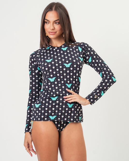 CAMISETA UV FEMININA ML BORBOLETA PRETO